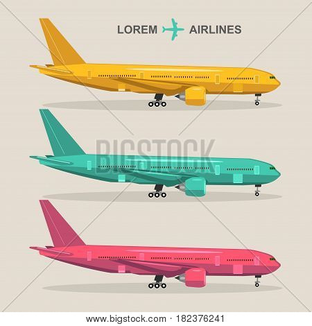 Vector airplanes set. Aviation illustrations in flat style. Different colors jets collection