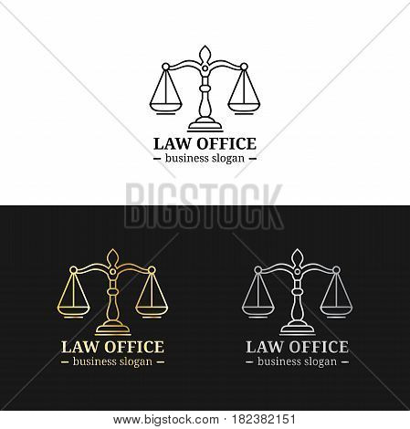 Law office logotypes set with scales of justice illustration. Vector vintage attorney, advocate labels, juridical firm badges collection. Act, principle, legal icons design.