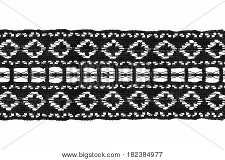 Black vintage decorative lacy ribbon on white background