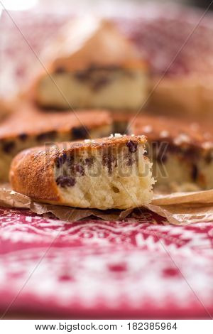 Homemade semolina cake with raisins in rustic style
