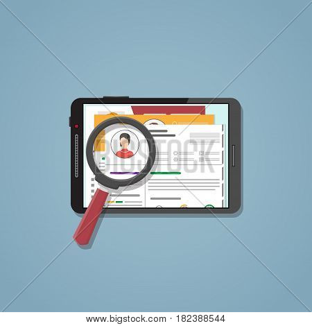 Set of CV on tablet in flat style for recruitment. Search engine system resume of different people to choose employee for your post. The concept of hiring for with magnifier.