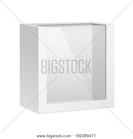 White Horizontal Product Package Box With Window. Blank On White Background Isolated. Mock Up Template Ready For Your Design. Product Packing Vector EPS10