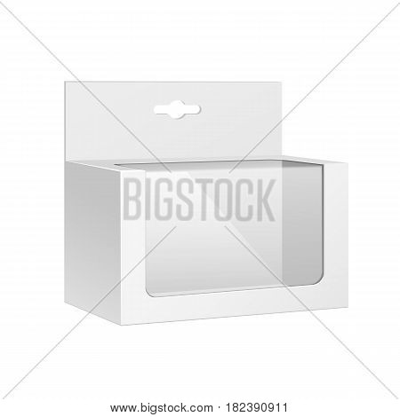 White Horizontal Product Package Box With Window and Hang Slot. Blank On White Background Isolated. Mock Up Template Ready For Your Design. Product Packing Vector EPS10