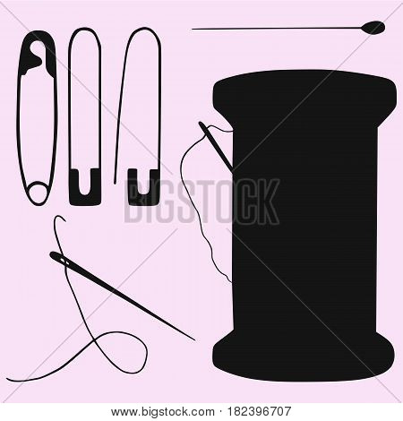 needle, pin, reel with thread and needle silhouette