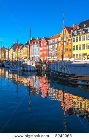 COPENHAGEN DENMARK - MARCH 11 2017: Copenhagen Nyhavn district. Nyhavn was constructed by King Christian V from 1670 to 1673 dug by Swedish prisoners of war from the Dano-Swedish War 1658-1860