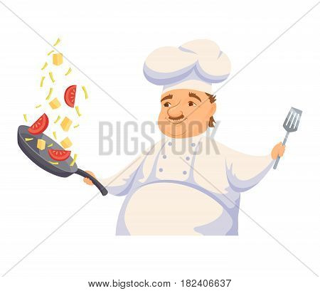 Chef cooking pasta sauce in restaurant or hotel kitchen. Cute cook in uniform holding pan and toss vegetables. Cartoon smile kitchener making healthy wok food. Professional master catering service