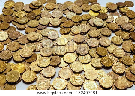 Gold coins background. Russia rubles. Flat lay style