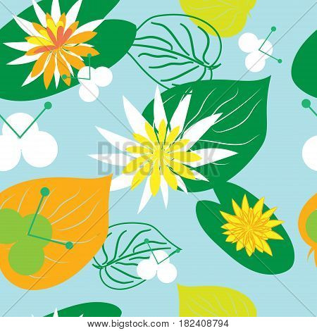 Abstract pattern on blue background. Stylized pond plants water Lily.