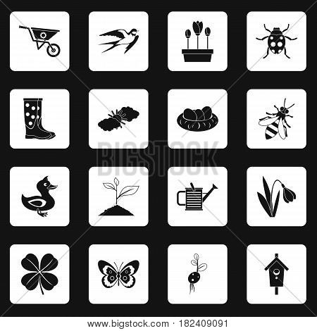Spring icons set in white squares on black background simple style vector illustration