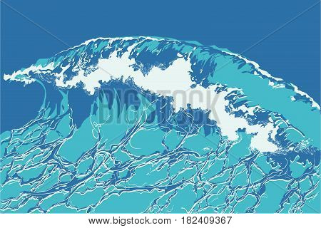 Background water splash in blue color. Crest wave foam on the sea, the ocean. Hand-drawn vector illustration in realistic style.