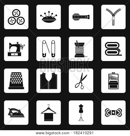 Sewing icons set in white squares on black background simple style vector illustration