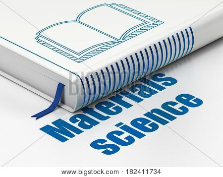 Science concept: closed book with Blue Book icon and text Materials Science on floor, white background, 3D rendering