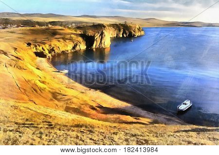 Colorful painting of Olkhon island, Baikal lake, Russia