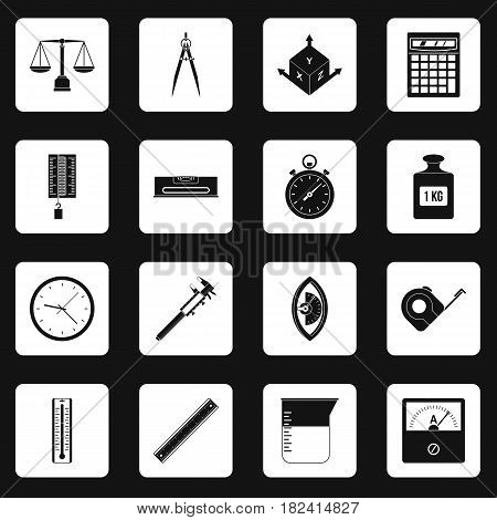 Measure precision icons set in white squares on black background simple style vector illustration