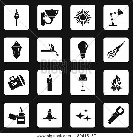 Light source symbols icons set in white squares on black background simple style vector illustration