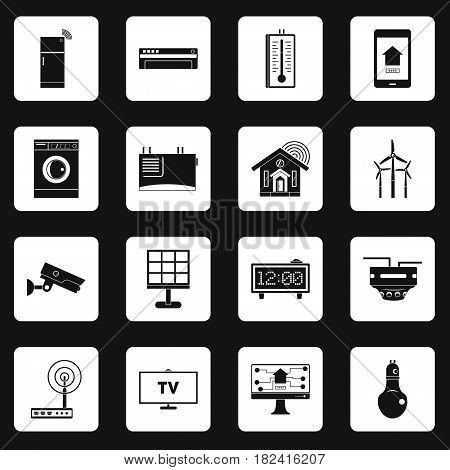 Smart home house icons set in white squares on black background simple style vector illustration
