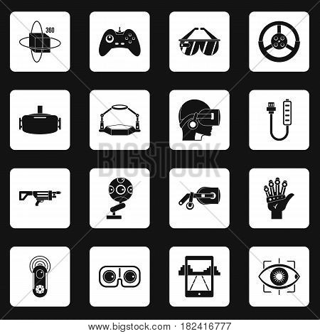 Virtual reality icons set in white squares on black background simple style vector illustration