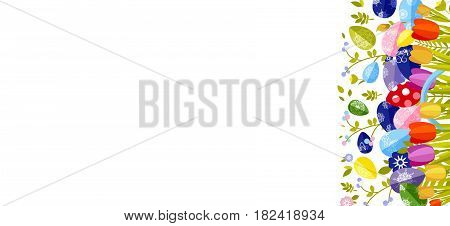Stock vector isolated illustration Happy Easter background colored eggs, spring decoration, leave, tulip flower design element in flat style for printed material, greeting, festive card banner, flyer