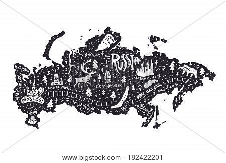 Travel series - cartoon map of Russia. Main sights and tourist attractions.
