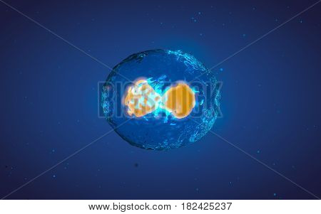 Abstract medical 3D illustration of a cell division process. Yellow core inside liquid transparent shell on blue background with microscopic particles
