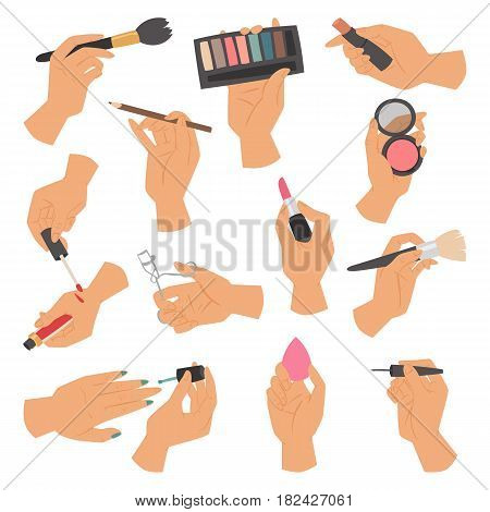 Collection of makeup cosmetics and brushes in hands isolated on white background vector illustration. Fashion female professional accessories brush glamour cosmetic. Showing person tool.
