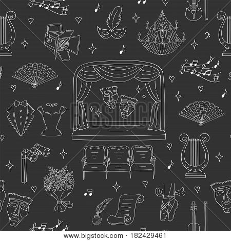Vector seamless background with theater symbols, theatrical stage, comedy and tragedy masks, curtains, seats, lyre, chandelier, spotlight, violin tuxedo hand drawn doodle