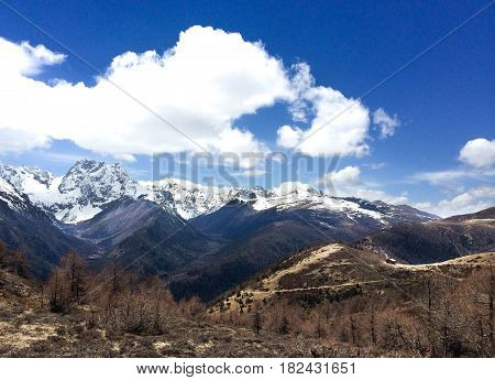 View of Meili snow mountain in Yunnan China. Northeast of Deqin County of Yunnan Province.