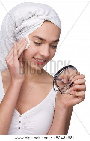 Beautiful Girl After Bath Mirror On Her Hands
