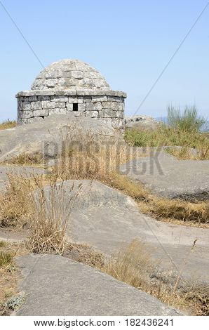 Reconstructed of prehistorical house at the Mountain of Facho in Cangas in the province of Pontevedra Galicia Spain.