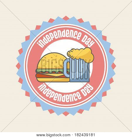 seal stamp with hamburger and beer jar icon over white background. usa indepence day concept. colorful design. vector illustration