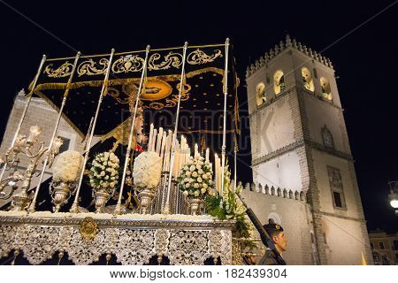 Badajoz Spain monday. april .10. 2017 Procession of the Fraternity and Brotherhood of Our Father Jesus of Humility Our Father Jesus of the Arrest and Most Holy of Sorrows.
