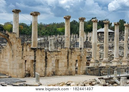ancient street and columns in archaeological site Scythopolis, Beit Shean National Park, Israel