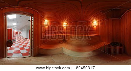 A bright panorama of the sauna inside the locker room of the sports club.Equidistant projection of the panorama inside the male sauna