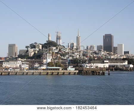 View of San Francisco skyline and Embarcadero from the bay