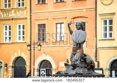 Mermaid Statue In The City Center Of Warsaw, Poland