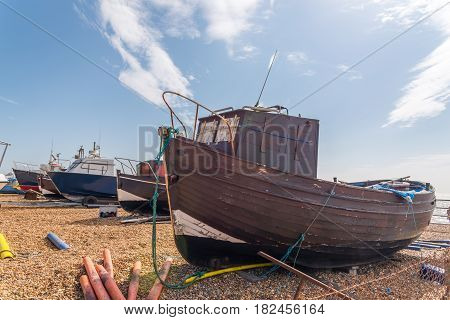 View Of The Seaside Town, Fishing Boats On The Shore, Stony Beach