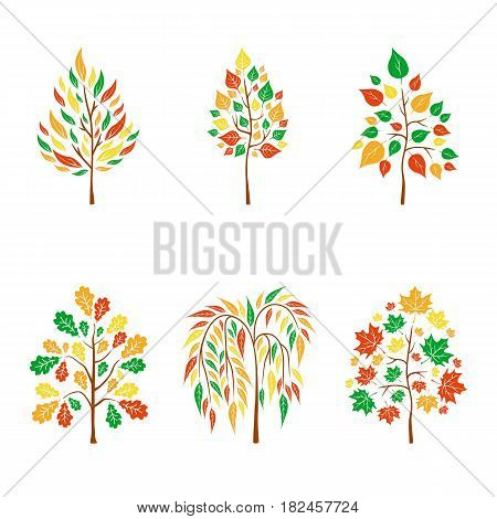 Vector flat autumn trees on white background. Logo design illustration