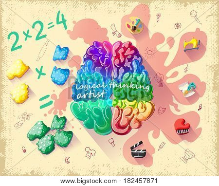 Cartoon creative cerebral thinking template of people with more developed right hemisphere of brain vector illustration