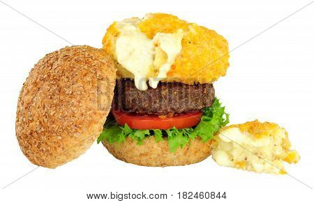 Mac and cheese beefburger sandwich isolated on a white background