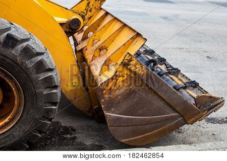 Bucket wheeled loader on the road construction. Close-up of the bucket. Side view.