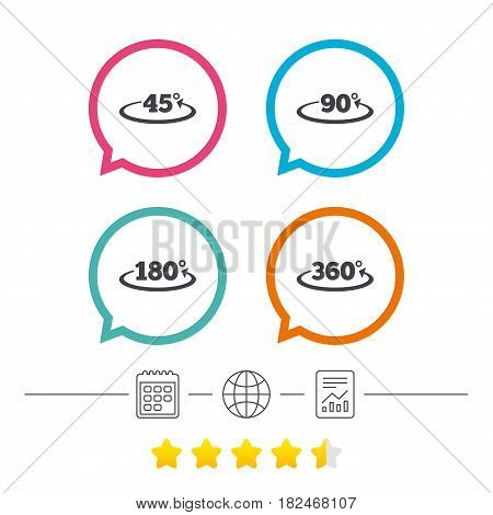 Angle 45-360 degrees icons. Geometry math signs symbols. Full complete rotation arrow. Calendar, internet globe and report linear icons. Star vote ranking. Vector
