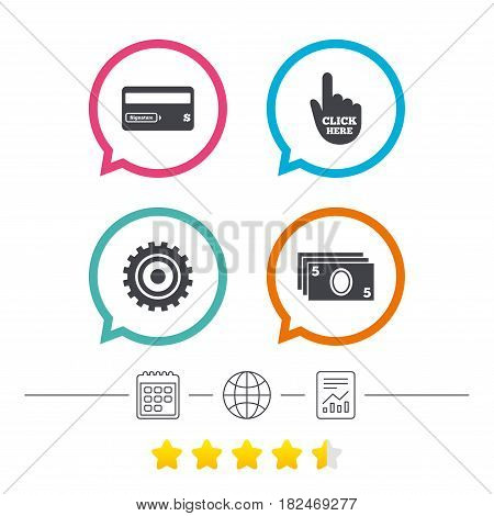 ATM cash machine withdrawal icons. Insert bank card, click here and check PIN, processing and get cash symbols. Calendar, internet globe and report linear icons. Star vote ranking. Vector
