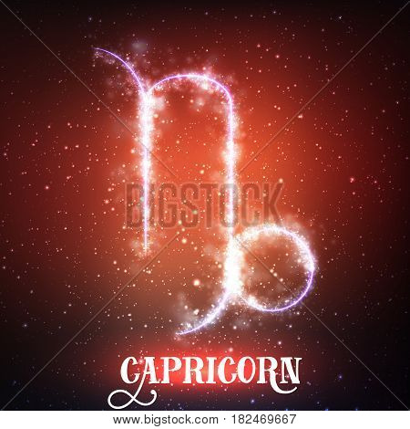 Vector abstract zodiac sign Capricorn on a dark red background of the space with shining stars. Nebula in form of Capricorn. Glowing sign Capricorn, Goat-horned, The Sea-Goat