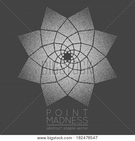 Vector illustration of abstract dotted symbol phyllotaxis. Sacred geometry sign made in stippling technique. Isolated halftone symbol. Pointillism. Opposite spirals.