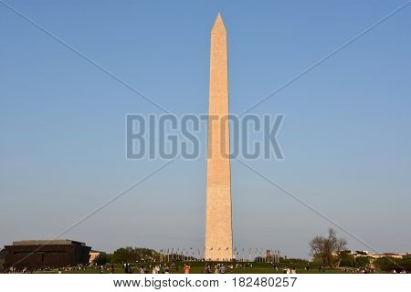WASHINGTON, DC - APR 15: Washington Monument in Washington, DC, as seen on April 15, 2017. It was built to commemorate George Washington, once commander-in-chief of the Continental Army and the first President of the United States.