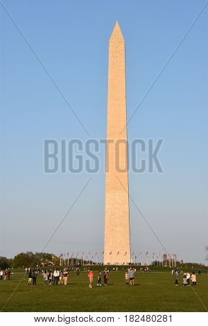 WASHINGTON, DC - APR 15: Washington Monument in Washington, DC, as seen on April 15, 2017. It was built to commemorate George Washington, once commander-in-chief of the Continental Army and the first President of the United States.