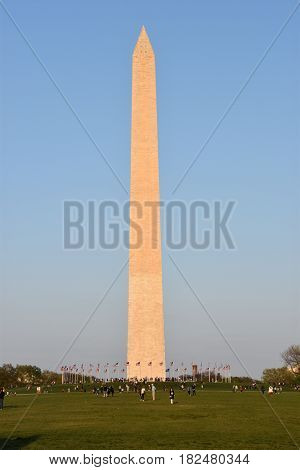 WASHINGTON, DC - APR 15: Washington Monument in Washington, DC, as seen on April 15, 2017. It was built to commemorate George Washington, once commander-in-chief of the Continental Army and the first President of the United States.