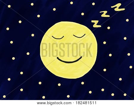 Abstract hand draw doodle full moon smile and sleep on night sky with star illustration copy space for text watercolor paint style digital art children cartoon book style