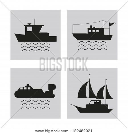 boat set ship sea ocen transportation frames icon. Black white flat isolated design. Vector illustration