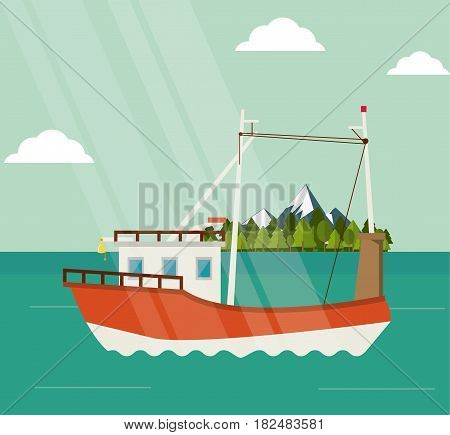 boat cloud mountains ship sea ocen transportation icon. Colorful and flat design. Green landscape background. Vector illustration